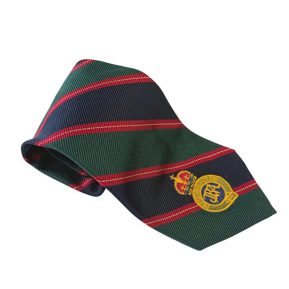 Jos. A. Bank Presidents Club 2002 Silk Tie Green Navy Red Stripe Crest USA Made
